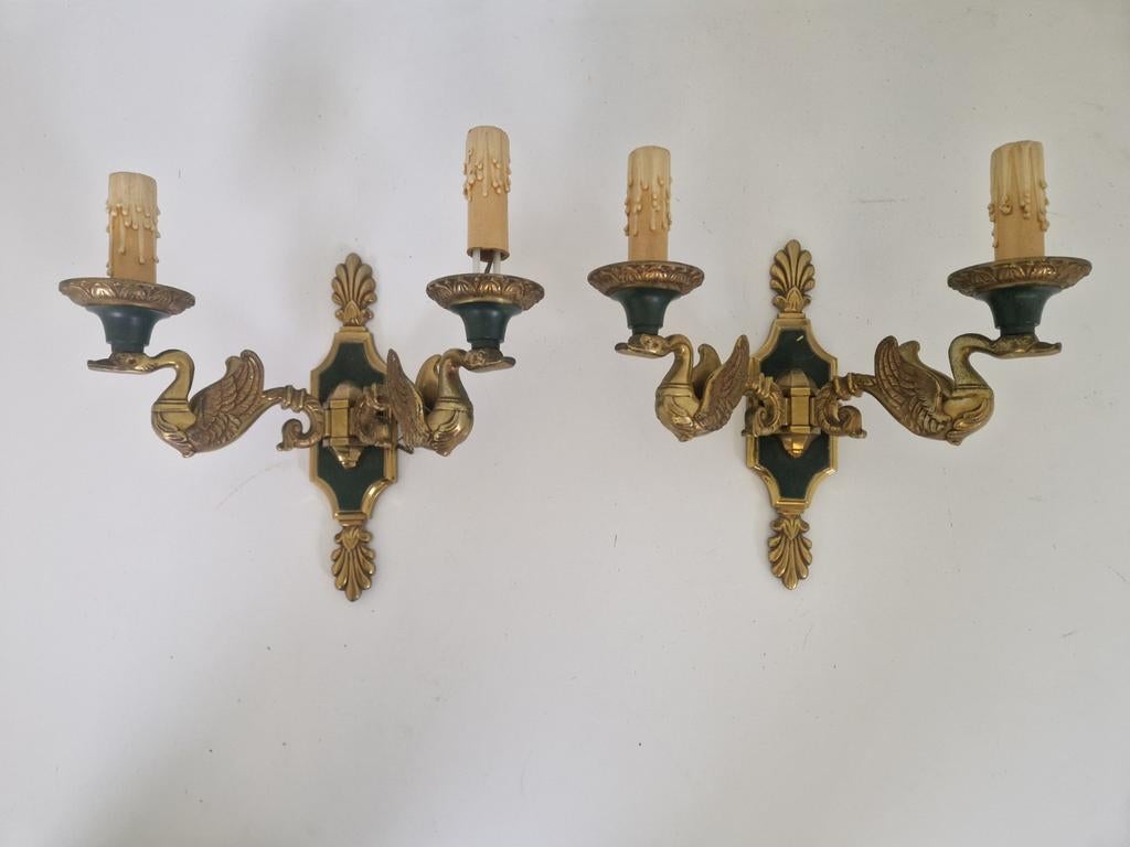 Bronzen zwanen wandlampen door lucien gau jaren 60. , Antiek en Kunst, Ophalen of Verzenden