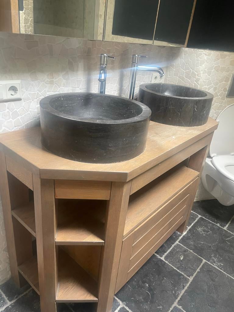 Badkamermeubel met waskommen, kranen en spiegelkast, Ophalen, Gebruikt, 100 tot 150 cm, Minder dan 100 cm