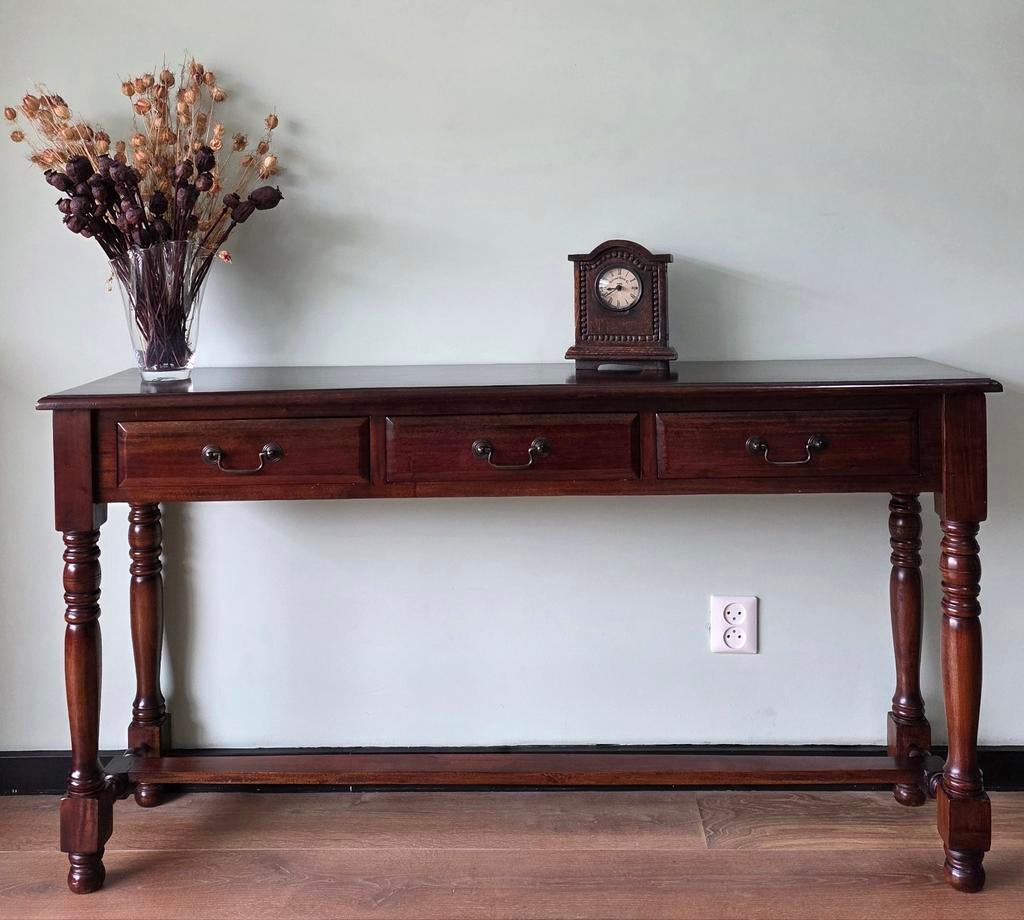 Engelse mahonie haltafel / sidetable met 3 laden, Ophalen, 100 tot 150 cm, Klassiek, Zo goed als nieuw