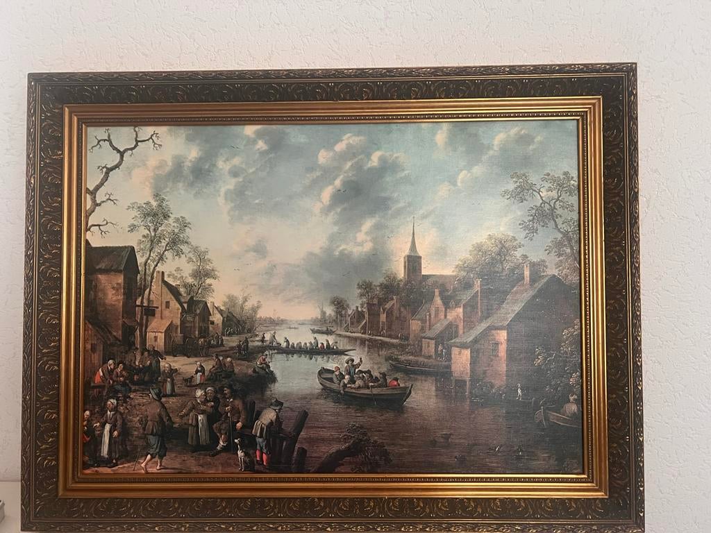 Antieke Hollandse Rivierlandschap Replica in Gouden Lijst, Antiek en Kunst, Kunst | Schilderijen | Klassiek, Ophalen