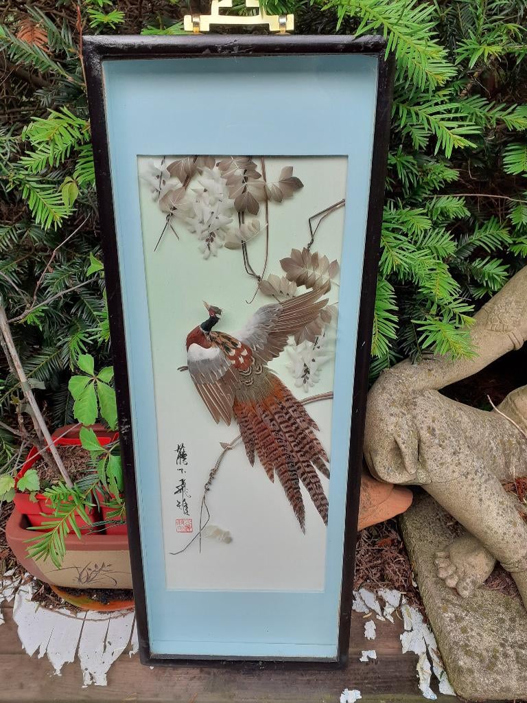 Schilderij/Compositie van Olieverf en Veren "De Vogel", Antiek en Kunst, Ophalen of Verzenden