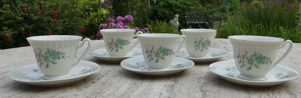 Mosa Groene Bloem Theepot en 5 Koffie Kop + Schotels, Ophalen of Verzenden