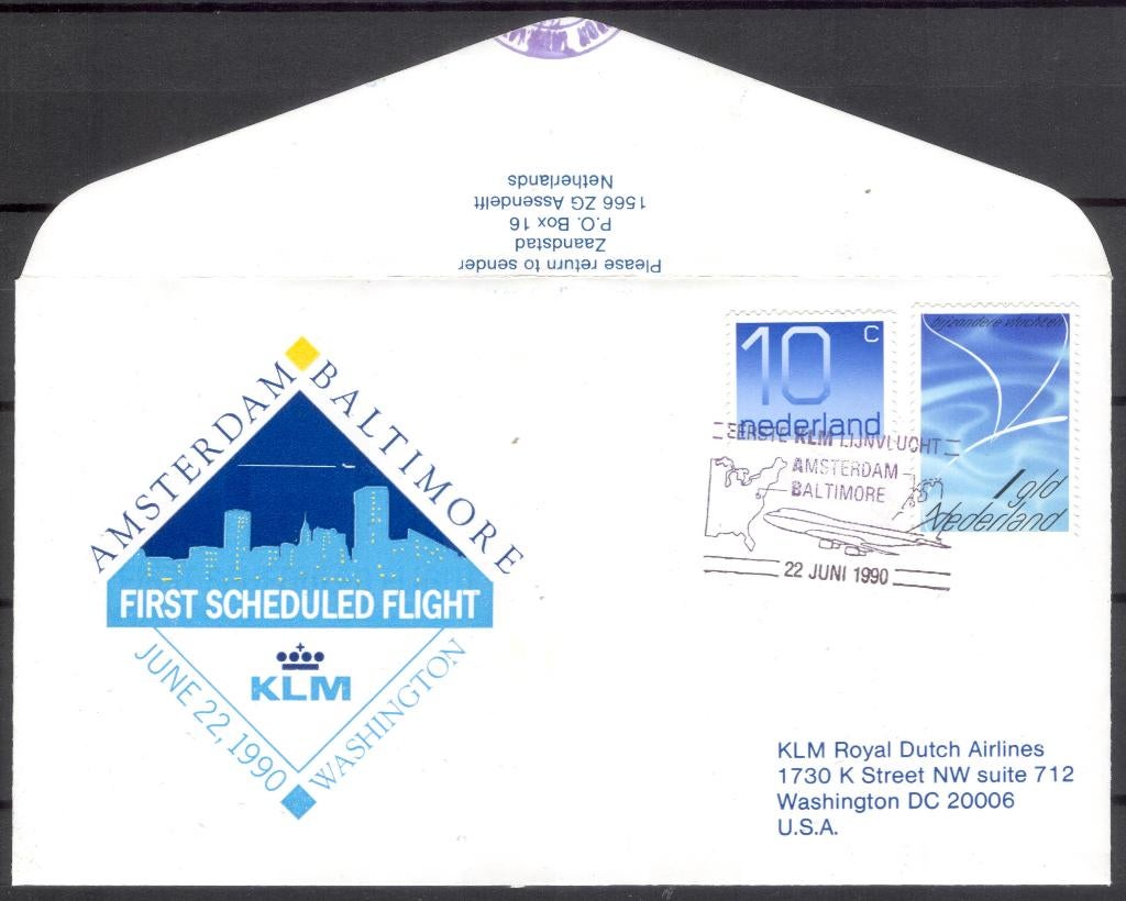 1e KLM vlucht Baltimore USA 1990, Verzenden, Envelop