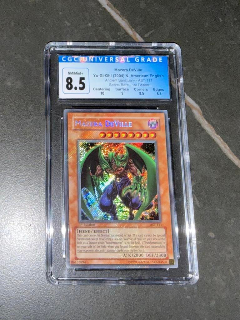 Yu-Gi-Oh! Mazera DeVille Secret Rare 1st Edition CGC 8.5, Ophalen of Verzenden, Zo goed als nieuw, Losse kaart