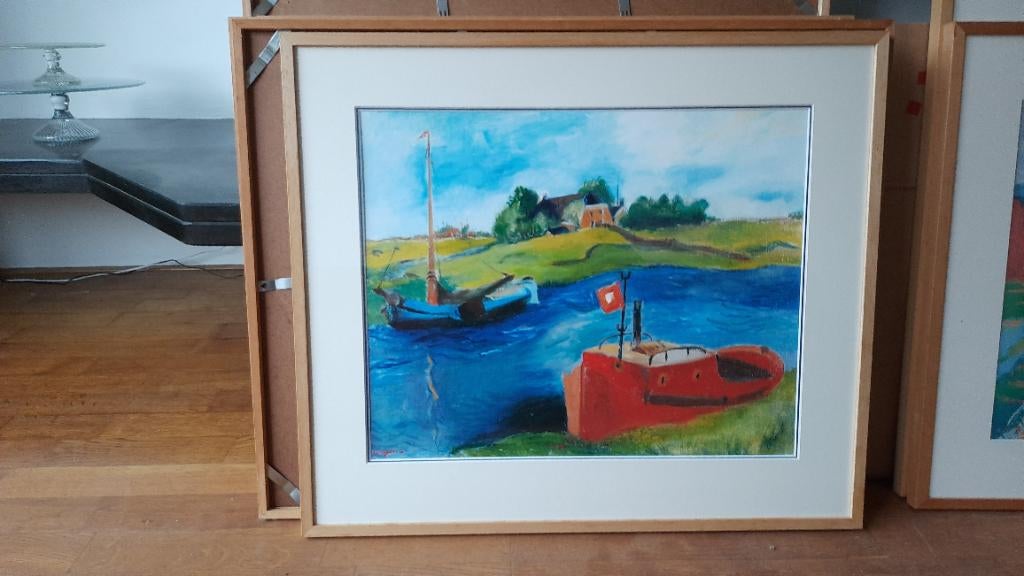 Koppermaandagprent 2001, Jan Wiegers, Schepen Reitdiep, Ingelijst, Landschap, Lithografie, 2000 tot heden