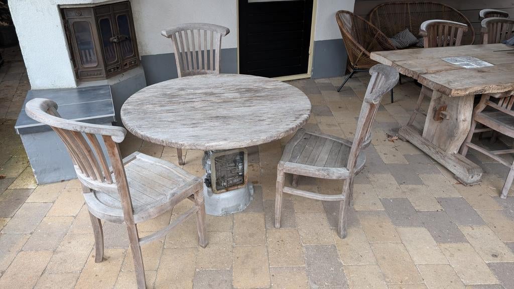 Stoere Tafel: Massief Eiken op opengewerkte versnellingsbak, Tuin en Terras, Ophalen, Gebruikt