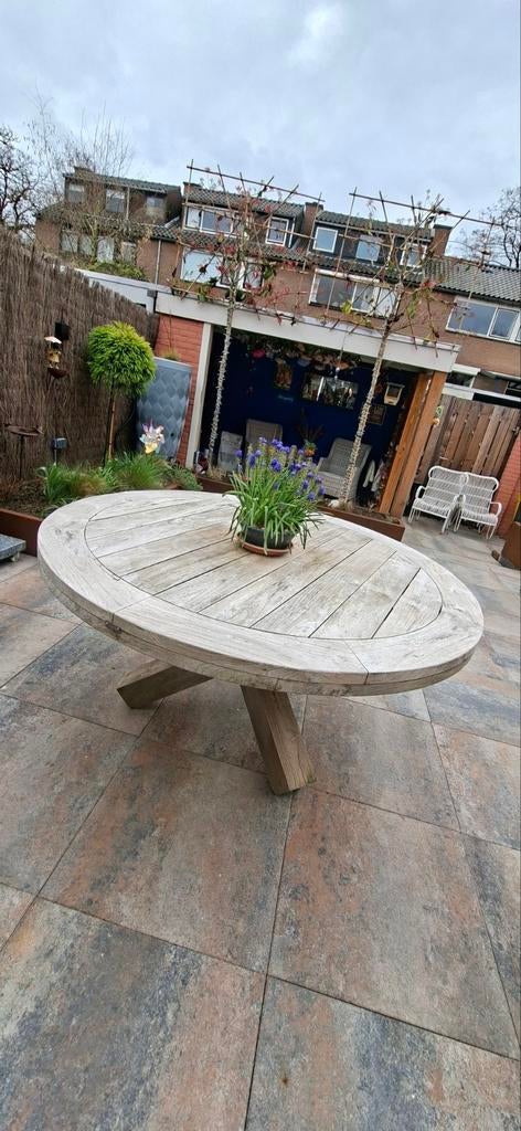 Zware ronde houten tuintafel - 150 cm diameter, Ophalen, Gebruikt, Rond, Hout
