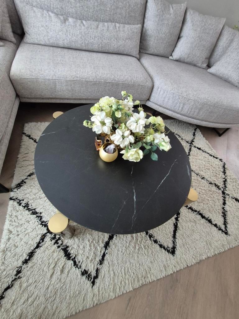 Richmond 2 salontafels, zwart gemarmerd blad, messing poten, Ophalen, 50 tot 100 cm, Rond, 50 tot 100 cm