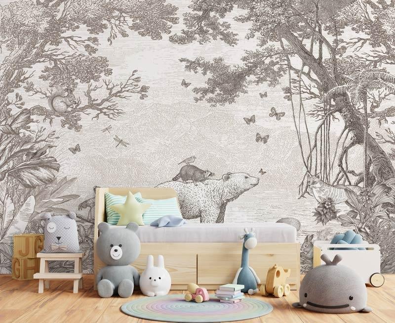 Fotobehang / Behang - Kinderkamer - Bosdieren Taupe, Verzenden, Nieuw, Wanddecoratie, Info@fotobehangkoning.nl