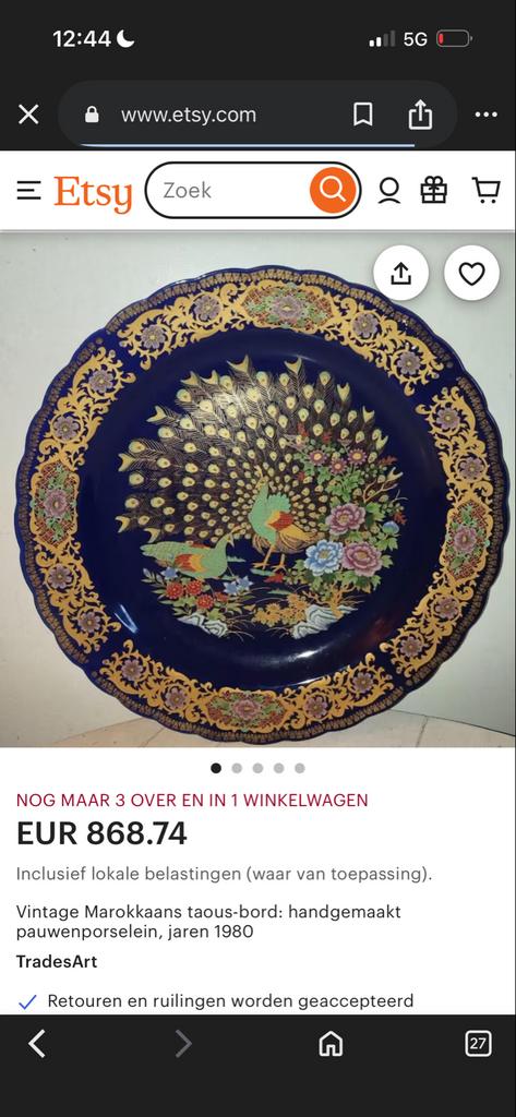 Vintage Marokkaans Taous-bord - Pauwenporselein, Ophalen of Verzenden