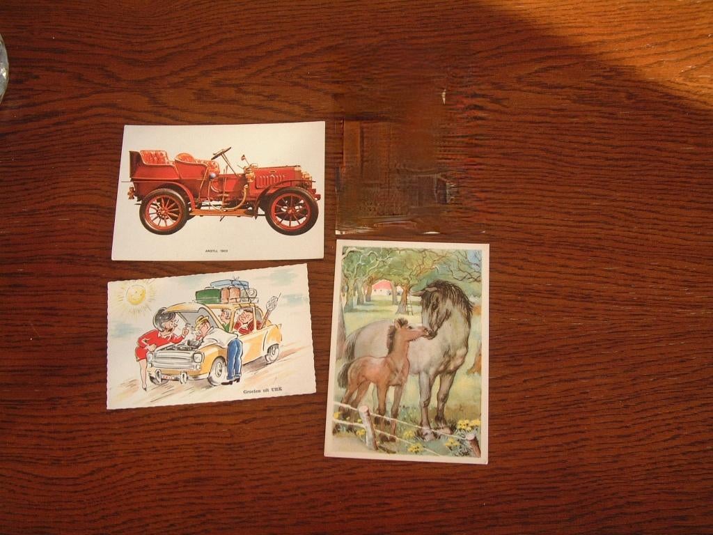 3 oude ansichtkaarten paarden i oldtimer groeten Urk, Ophalen of Verzenden, 1940 tot 1960, Flevoland