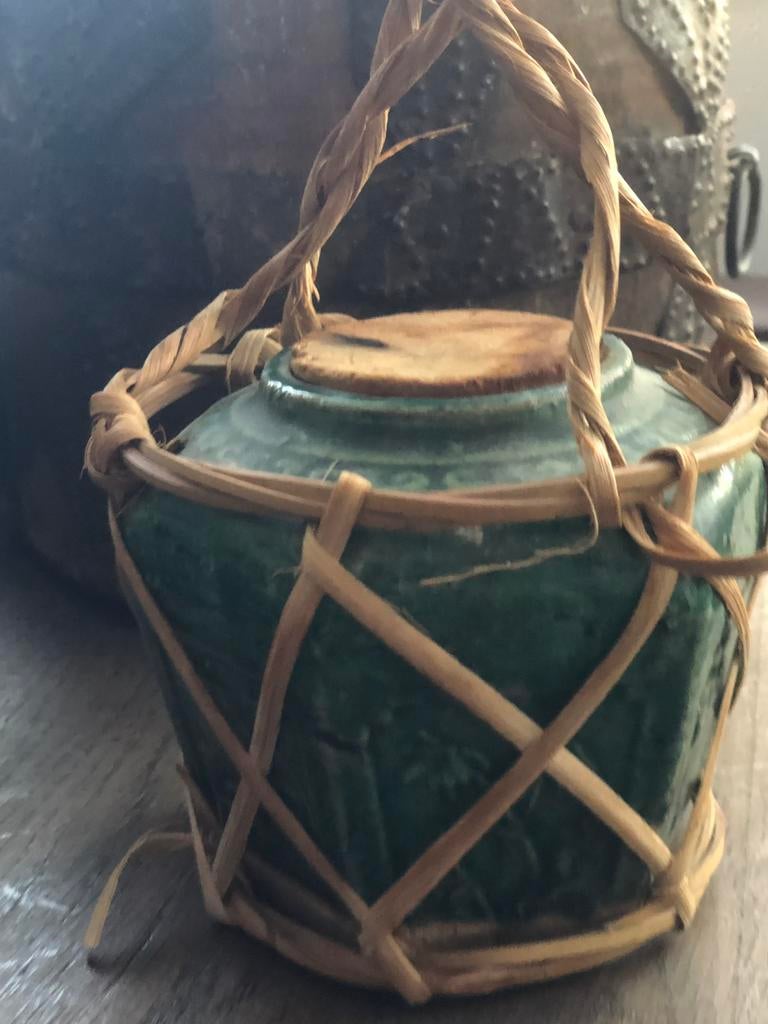 Oude Chinese gemberpot in raffia met kurk, Antiek en Kunst, Ophalen of Verzenden