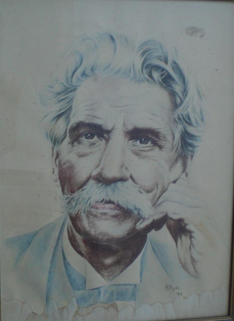 Oude potloodtekening portret Albert Schweizer. H. Kyne 1955., Ophalen