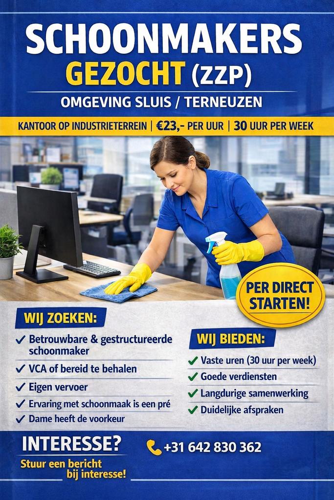 Schoonmakers gezocht ZZP / 30 uur per week, Overige niveaus, Overige vormen