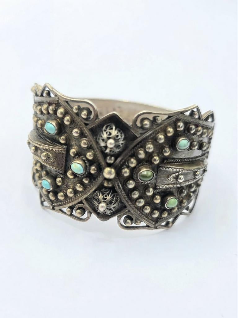 Prachtige Antiek Zilveren Armband Met Turkoois Steentjes, Verzenden, Zilver, Armband