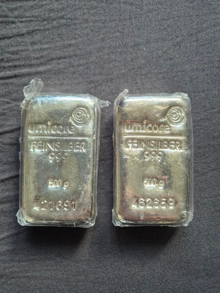 2x Umicore Feinsilber 999 - 500g zilverbaren, Antiek en Kunst, Antiek | Goud en Zilver, Zilver, Ophalen of Verzenden