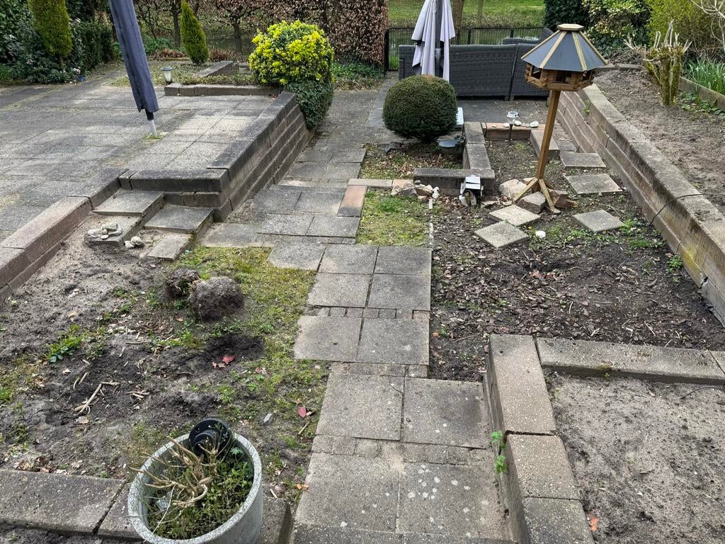 Terrastegels, borderblokken en kleine siersteentjes (7x7), Ophalen, Gebruikt, Beton, Terrastegels