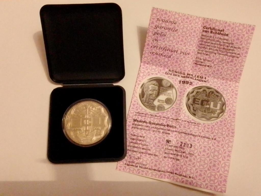 10 ecu 1992 Willem I capsule doosje en certificaat, Ophalen of Verzenden, Koning Willem I, Overige waardes, Setje