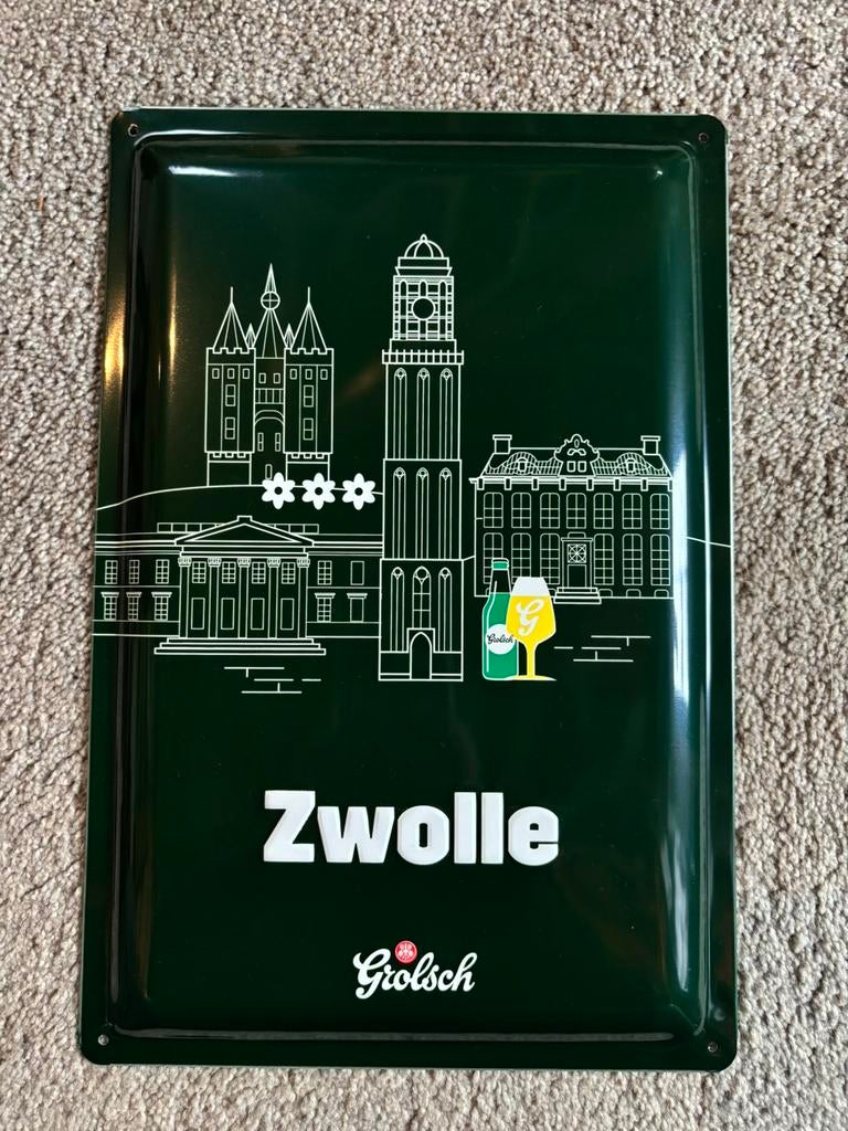Grolsch bier wandbord Zwolle (nieuw in verpakking!), Ophalen of Verzenden, Nieuw, Reclamebord, Plaat of Schild, Grolsch