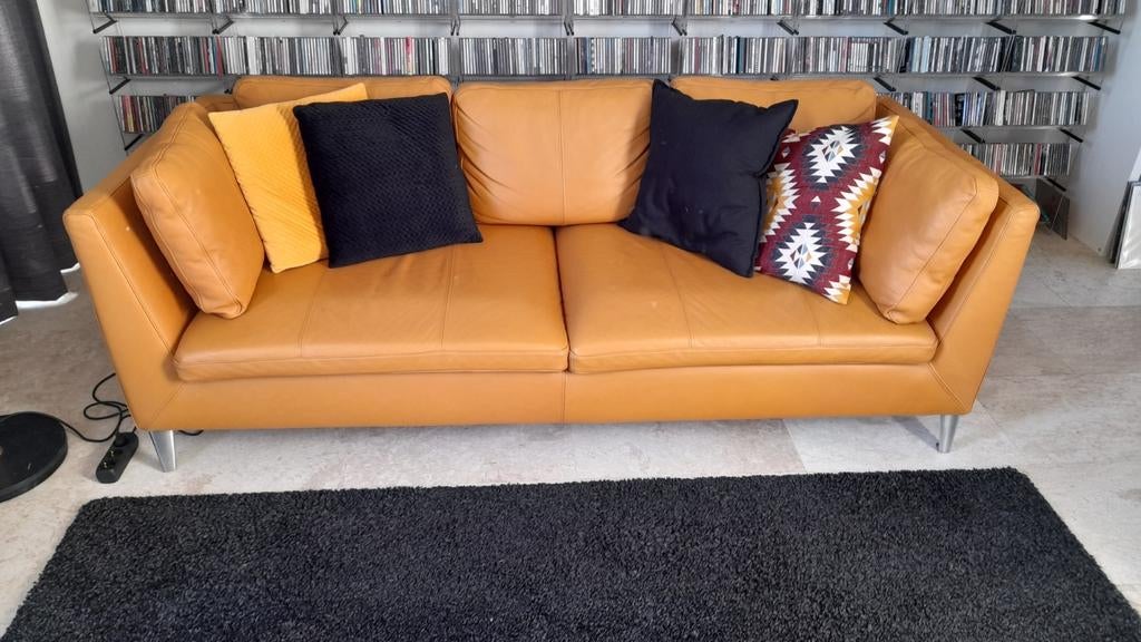 Ikea Stockholm leren bank, cognac kleur, Gebruikt, Driepersoons, Ophalen of Verzenden, Rechte bank