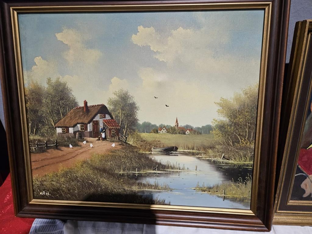 Zeer mooi schilderij, landschap met boerderij en water, Ophalen of Verzenden