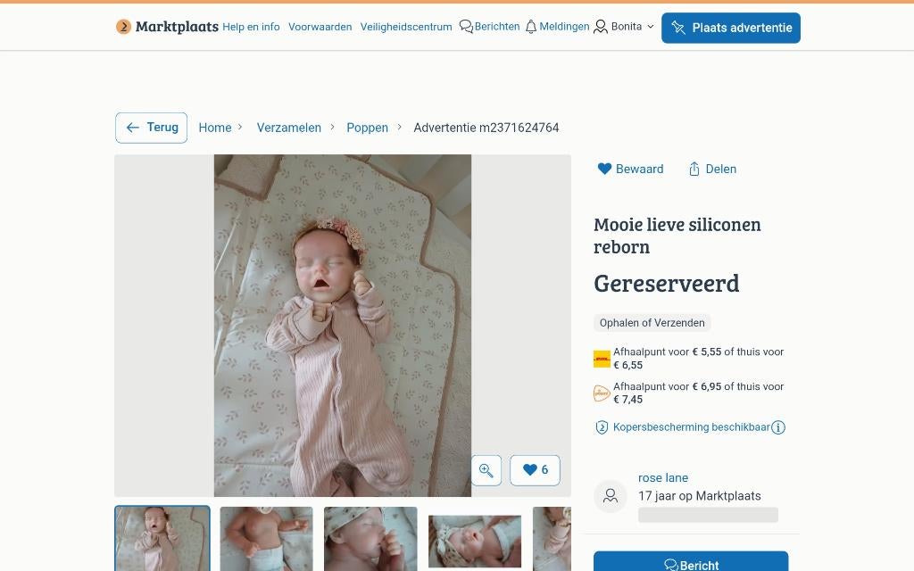 Reborn siliconen OPLICHTING OPGEPAST door verkoper rose lane, Verzamelen, Ophalen of Verzenden, Gebruikt, Pop