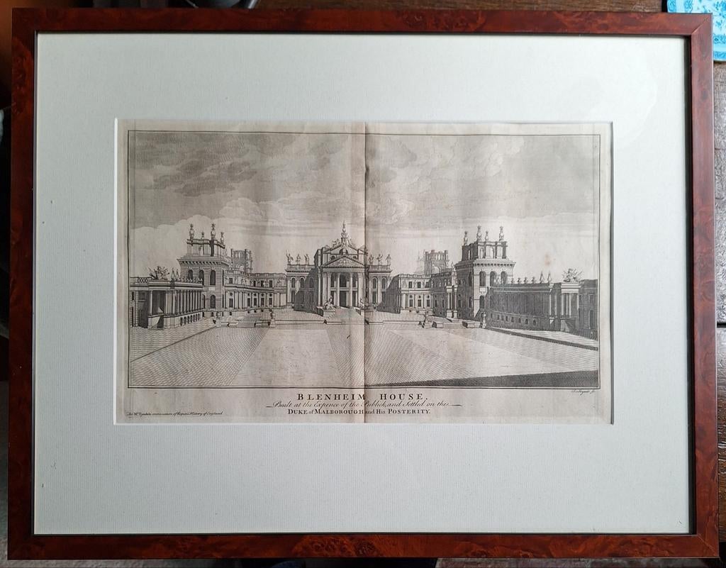 Antieke gravure Blenheim Palace, Antiek en Kunst, Kunst | Etsen en Gravures, Ophalen of Verzenden