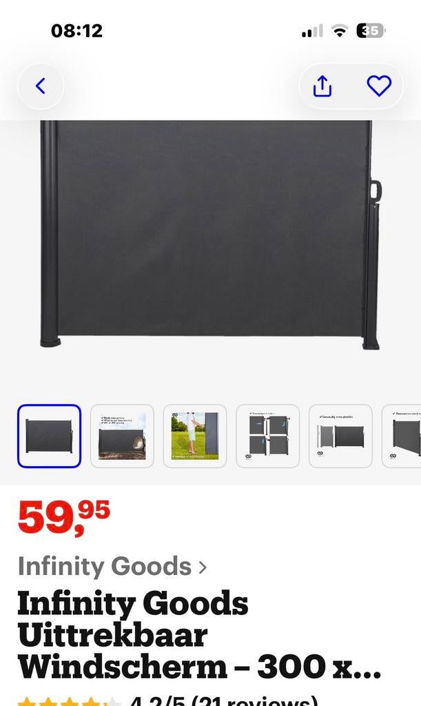 Windscherm oprolbaar, Tuin en Terras, Tuinschermen, Aluminium, Ophalen of Verzenden, Zo goed als nieuw, 200 cm of meer