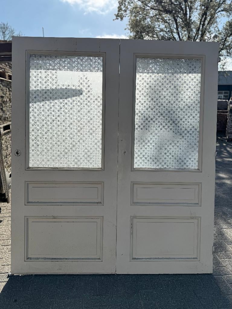 2 enkele antieke deuren met geëtst mussolini glas 196x83cm., Antiek en Kunst, Curiosa en Brocante, Ophalen