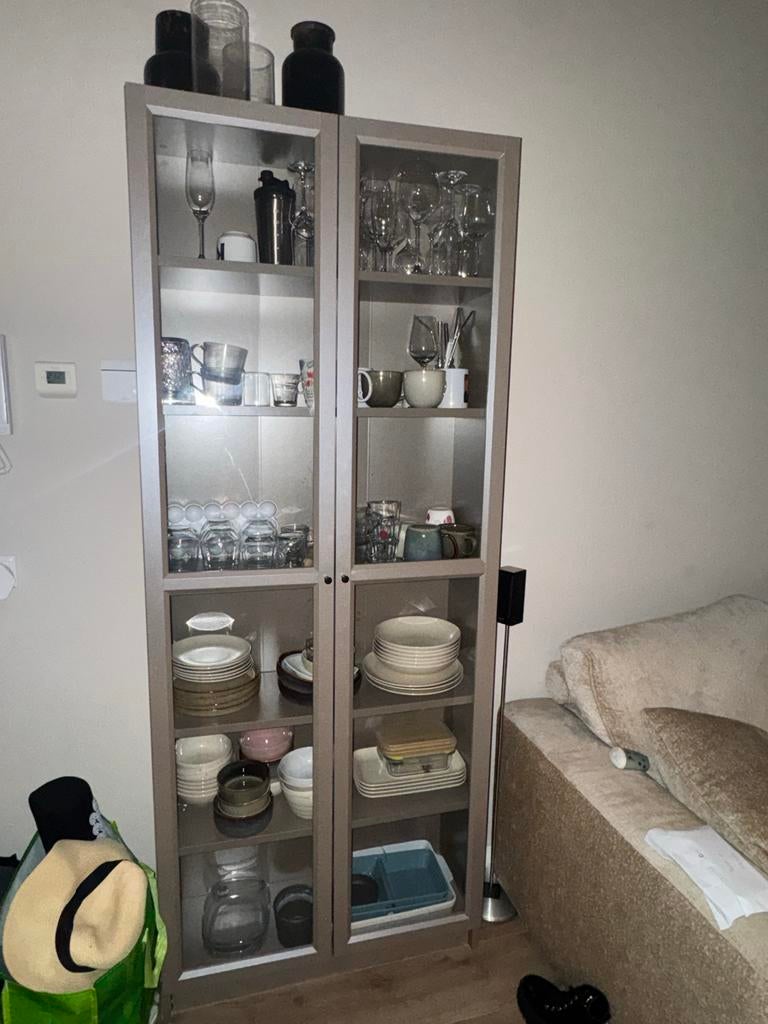 Billy boekenkast grijs met glazen deuren, Gebruikt, 200 cm of meer, 25 tot 50 cm, Overige houtsoorten