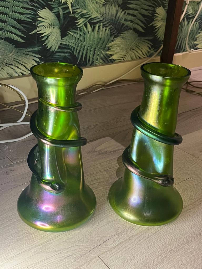 Twee Rindskopf Loetz Boheemse Iridescent Vazen Jugendstil, Antiek en Kunst, Verzenden