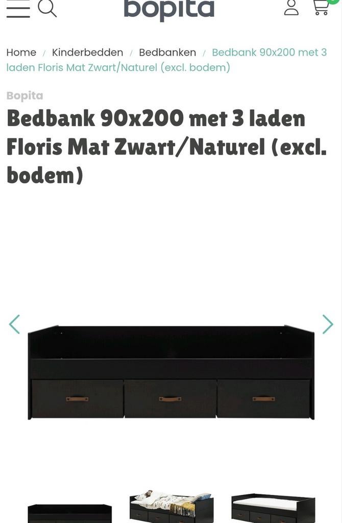 Bopita Floris Bedbank 90x200 en 3-deurskast Zwart/Naturel, 85 tot 100 cm, Gebruikt, 180 cm of meer, Ophalen