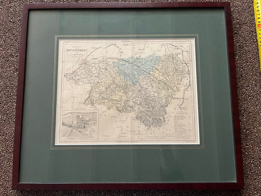 Oude Ingelijste Landschap Kaart Pyreneeën, Antiek en Kunst, Ophalen of Verzenden