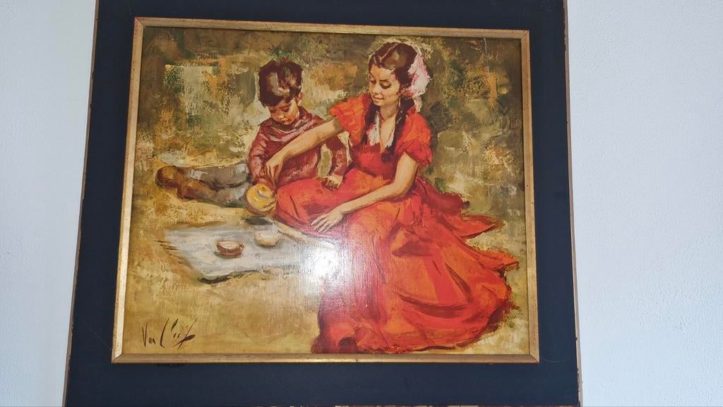 Schilderij moeder en kind, gesigneerd Van Dijk, Antiek en Kunst, Ophalen