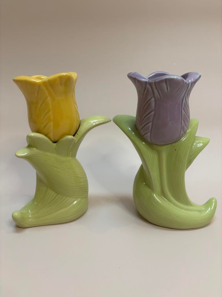 2 Keramiek Tulp Waxinelicht Kandelaars, Overige materialen, Ophalen of Verzenden, Zo goed als nieuw, Kandelaar