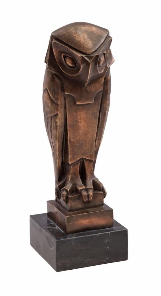 Bronzen beeld Uil, in Art Deco stijl op marmeren sokkel 36cm, Ophalen of Verzenden
