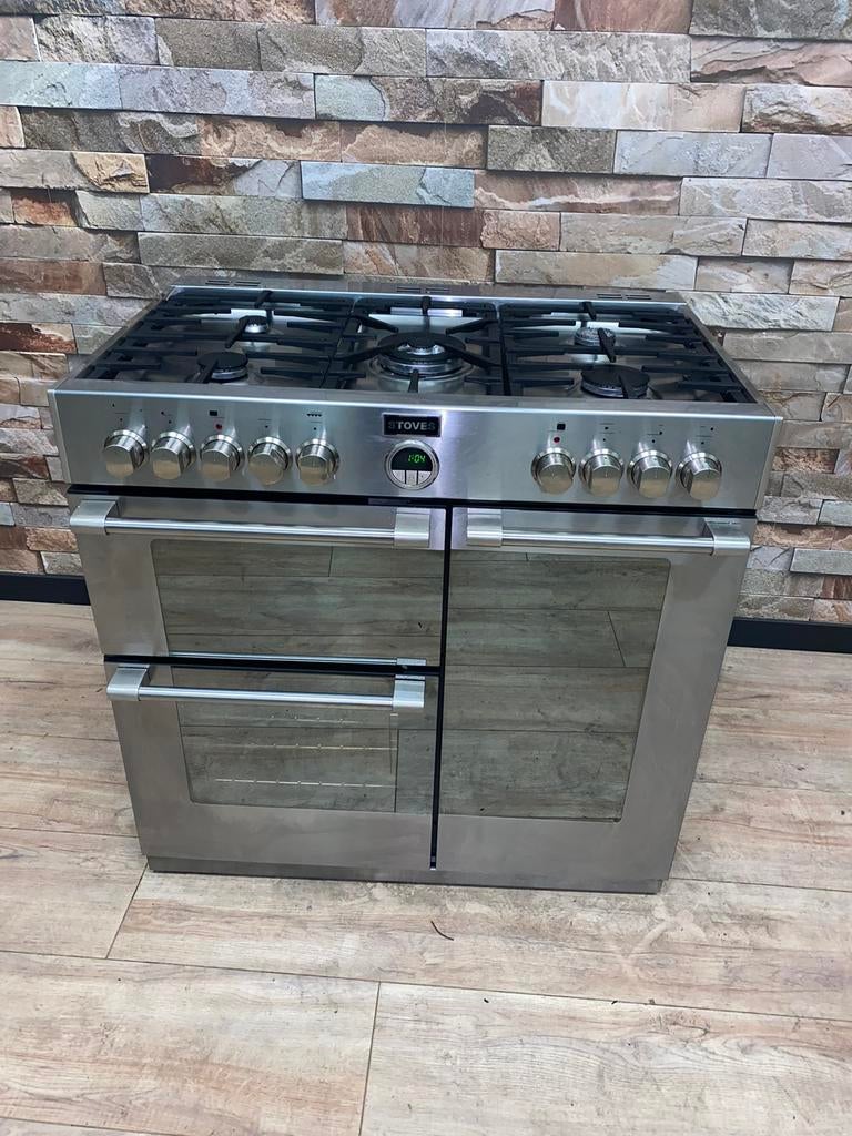 Mooie Stoves gasfornuis 5 pits met 3 ovens RVS 90 cm, Gebruikt, 60 cm of meer, Ophalen of Verzenden, Energieklasse A of zuiniger