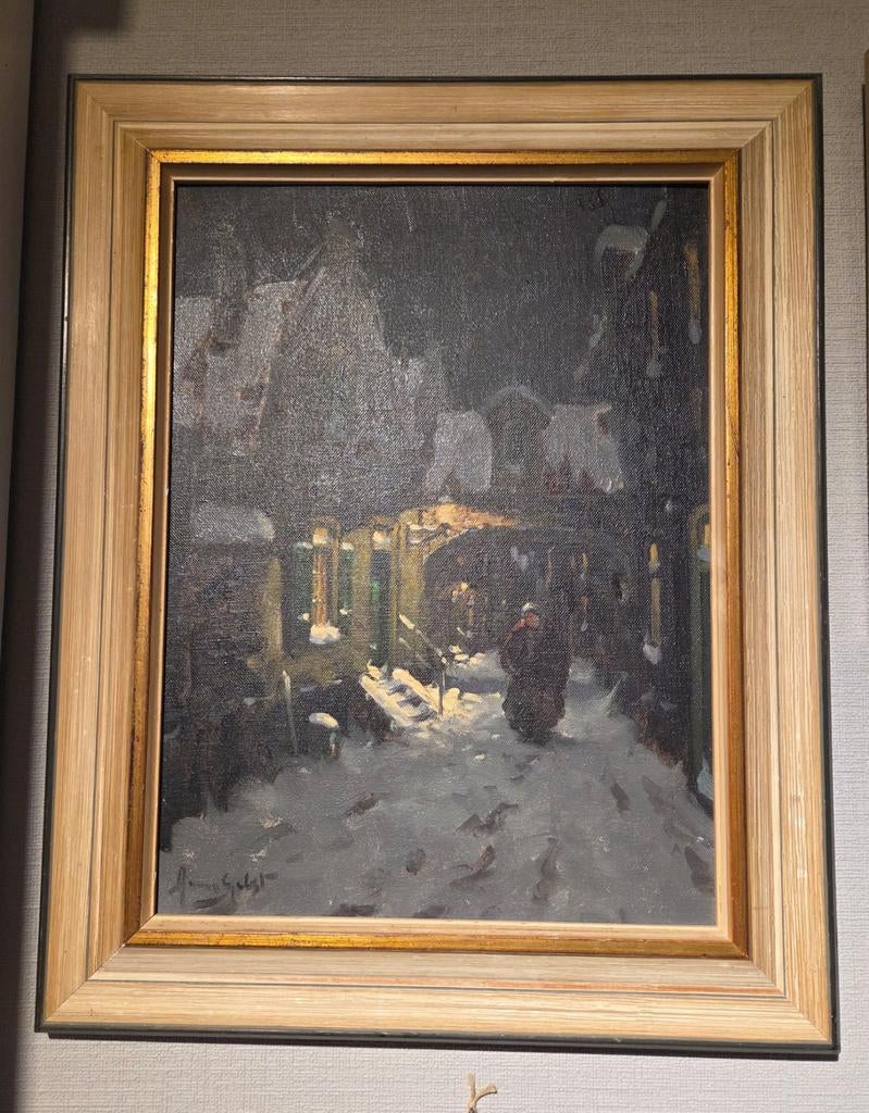 Schilderij A. Galst, vrouw in sneeuw, donker en licht, Ophalen