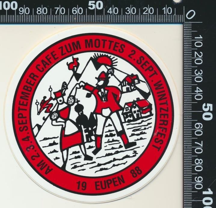 Sticker: Cafe Zum Mottes - Wintzerfest 1988 - Eupen, Ophalen of Verzenden, Zo goed als nieuw, Bedrijf of Vereniging
