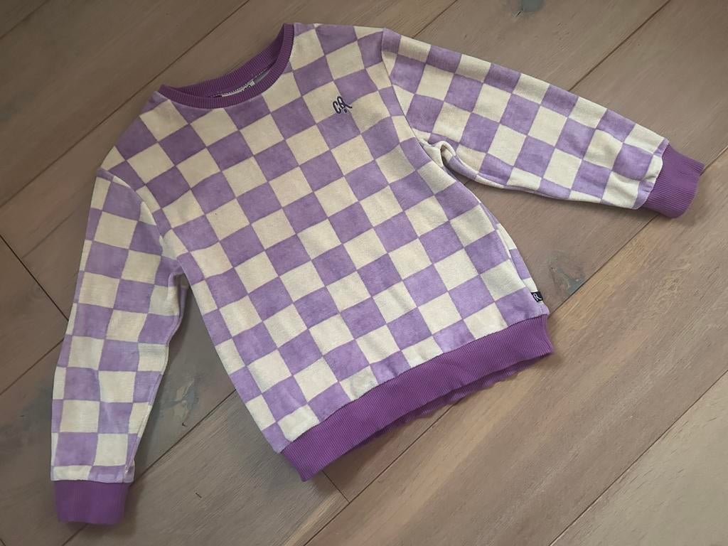 CarlijnQ geblokte sweater paars/beige maat 122/128, Meisje, Trui of Vest, Ophalen of Verzenden, Zo goed als nieuw