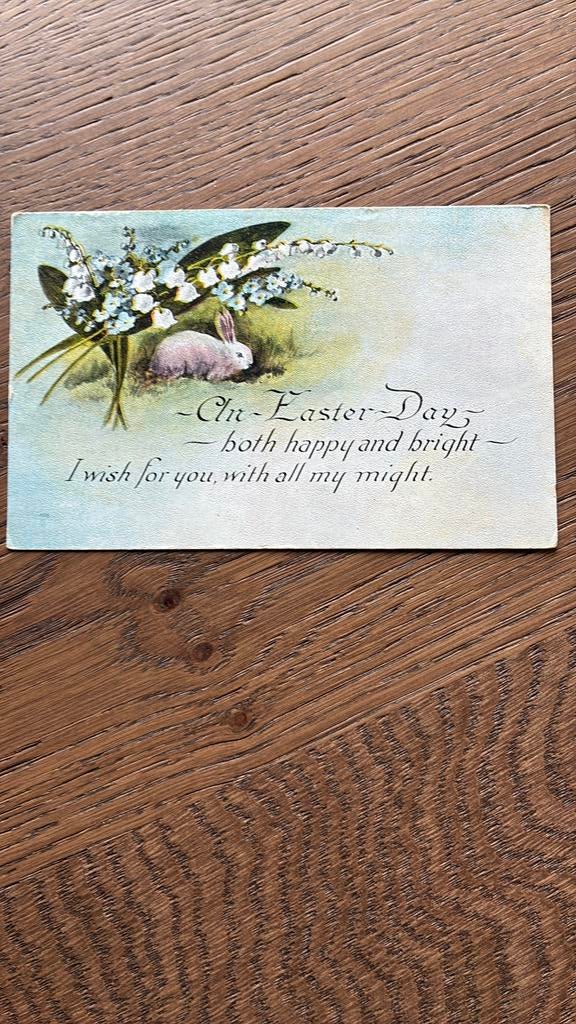 Vrolijk Pasen. Konijn, vergeetmijnietjes, lelietjes, Ophalen of Verzenden, Overige thema's