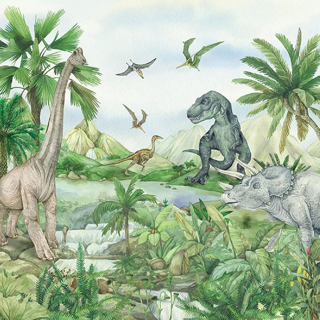 Dinosaurus vliesbehang Dinoland - 300x270cm - Muurdeco4kids, Verzenden, Minder dan 10 m², Dieren, dinosaurusbehang, Dinokamer, pre historie