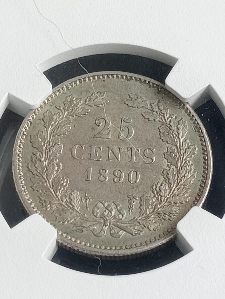 25 Cent 1890 zonder punt AU58, Postzegels en Munten, Munten | Nederland, Koning Willem III, Zilver, 25 cent, Ophalen of Verzenden