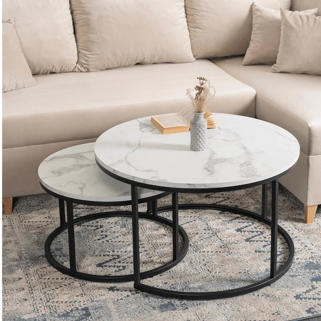 Home Heaven Salontafel Rond Zwart met Wit Marmer Print, 50 tot 100 cm, Overige materialen, Rond, Zo goed als nieuw