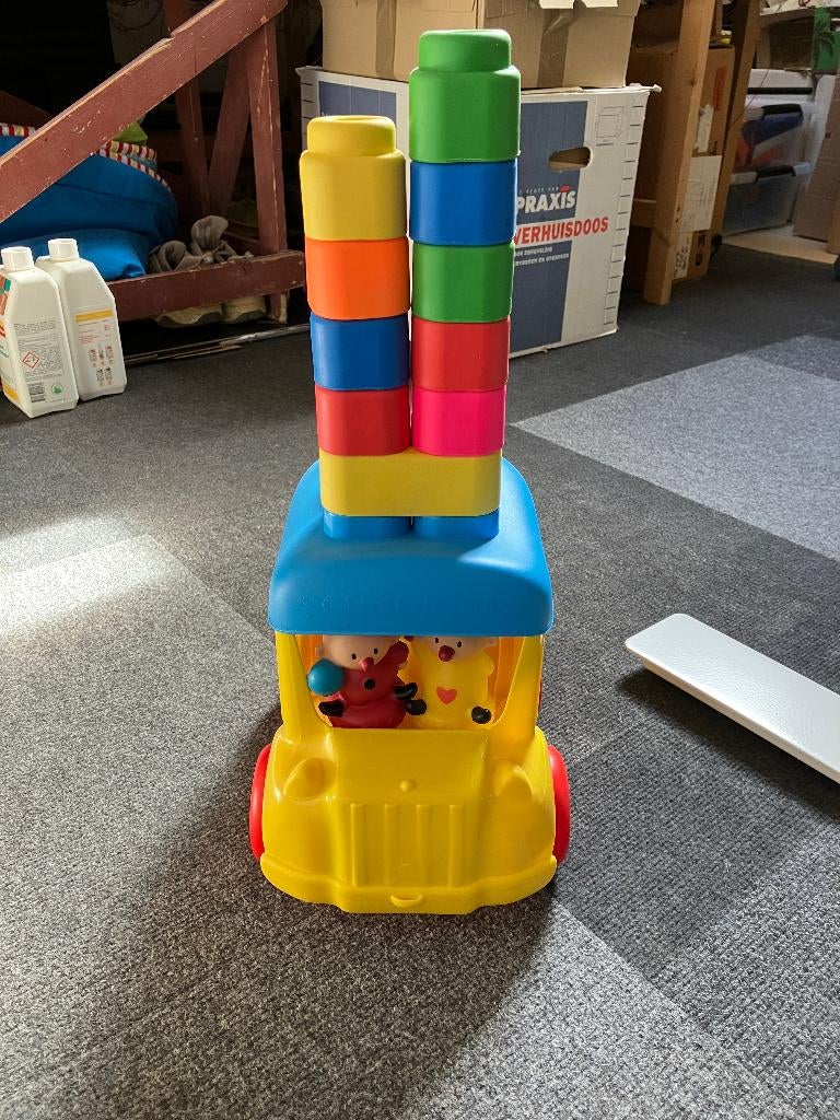 Clementori Bumba schoolbus met stapelblokken, Kinderen en Baby's, Speelgoed | Bouwstenen, Zo goed als nieuw, Ophalen of Verzenden