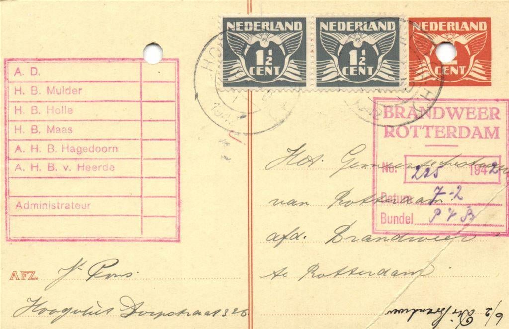 J. Prins, Hoogvliet - Brandweer Rotterdam - 02.1942 - briefk, Postzegels en Munten, Brieven en Enveloppen | Nederland, Briefkaart