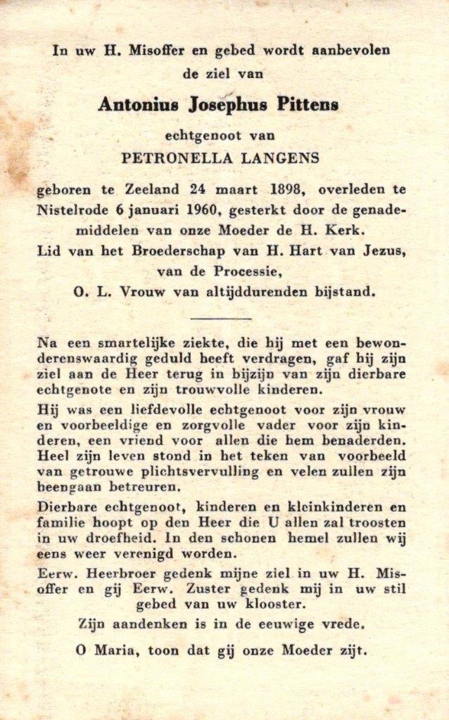 Pittens Antonius Josephus Zeeland 1898-1960 Nistelrode, Ophalen of Verzenden