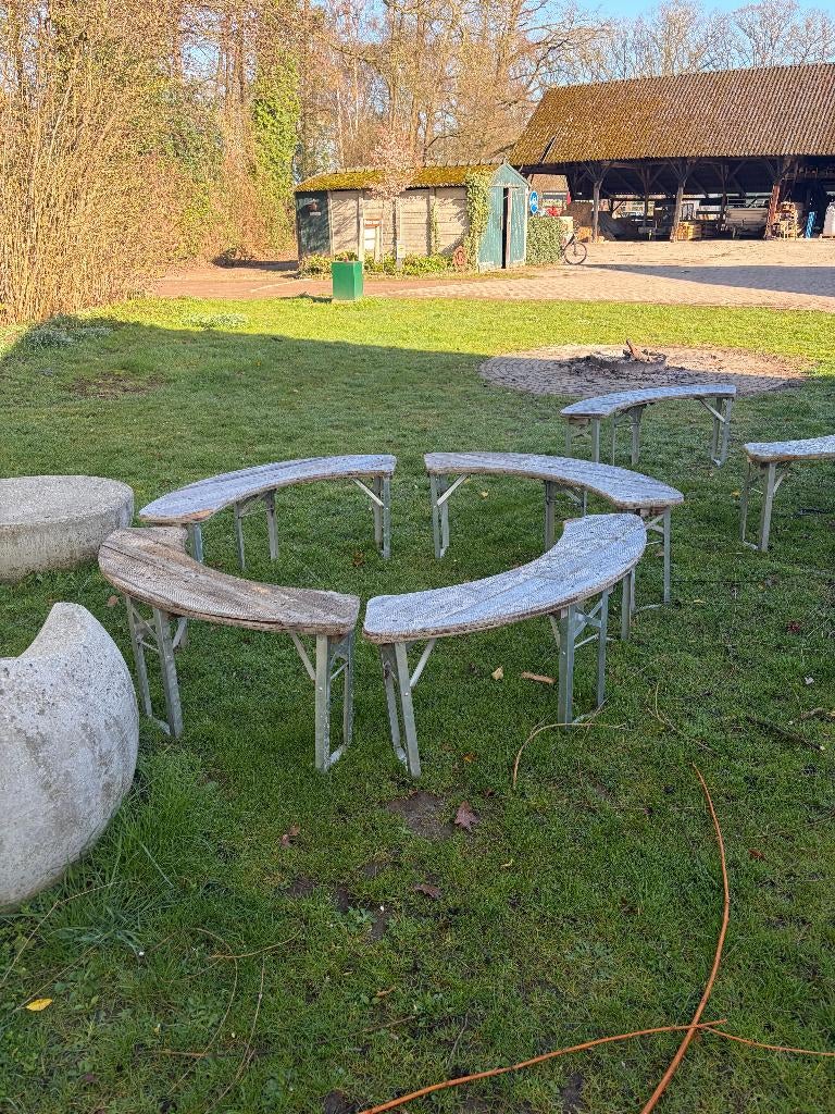Halfronde tuinbanken / parkbanken – set voor vuurplaats, Tuin en Terras, Tuinbanken, Ophalen, Gebruikt, Hout