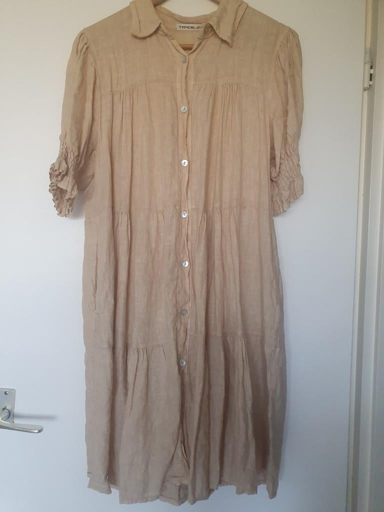 Typical Jill Linnen Jurkje met Pofmouwtjes - Crème, Kleding | Dames, Beige, Ophalen of Verzenden, Typical Jill, Maat 36 (S)