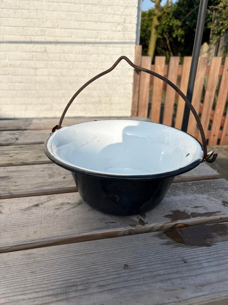 Emaille hangpot kookpotje wit met zwart hengsel, Ophalen of Verzenden